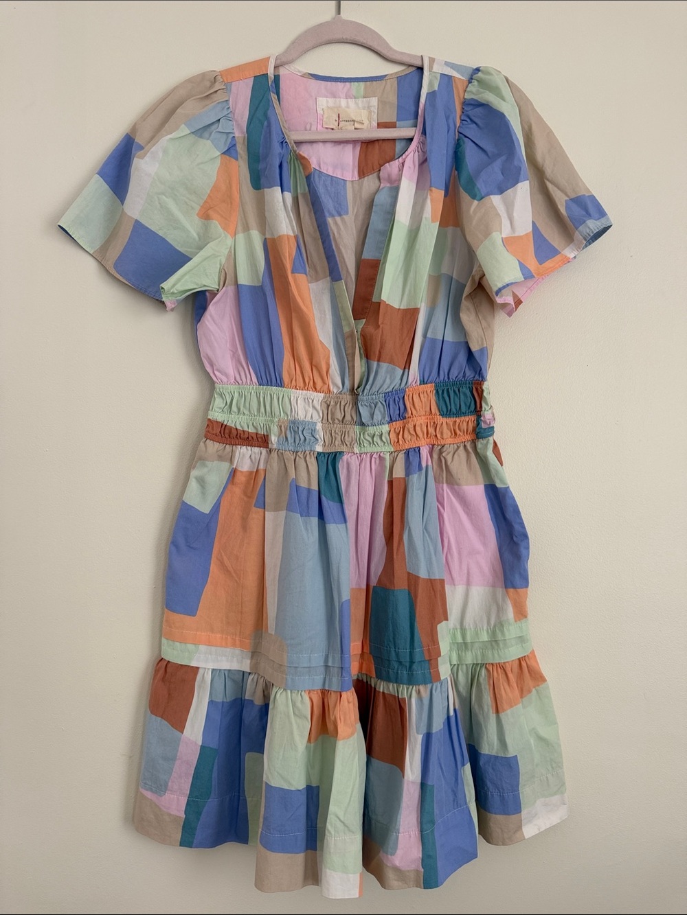 Anthropologie Geometric Patchwork Tiered Mini Dress - Pastel Multi